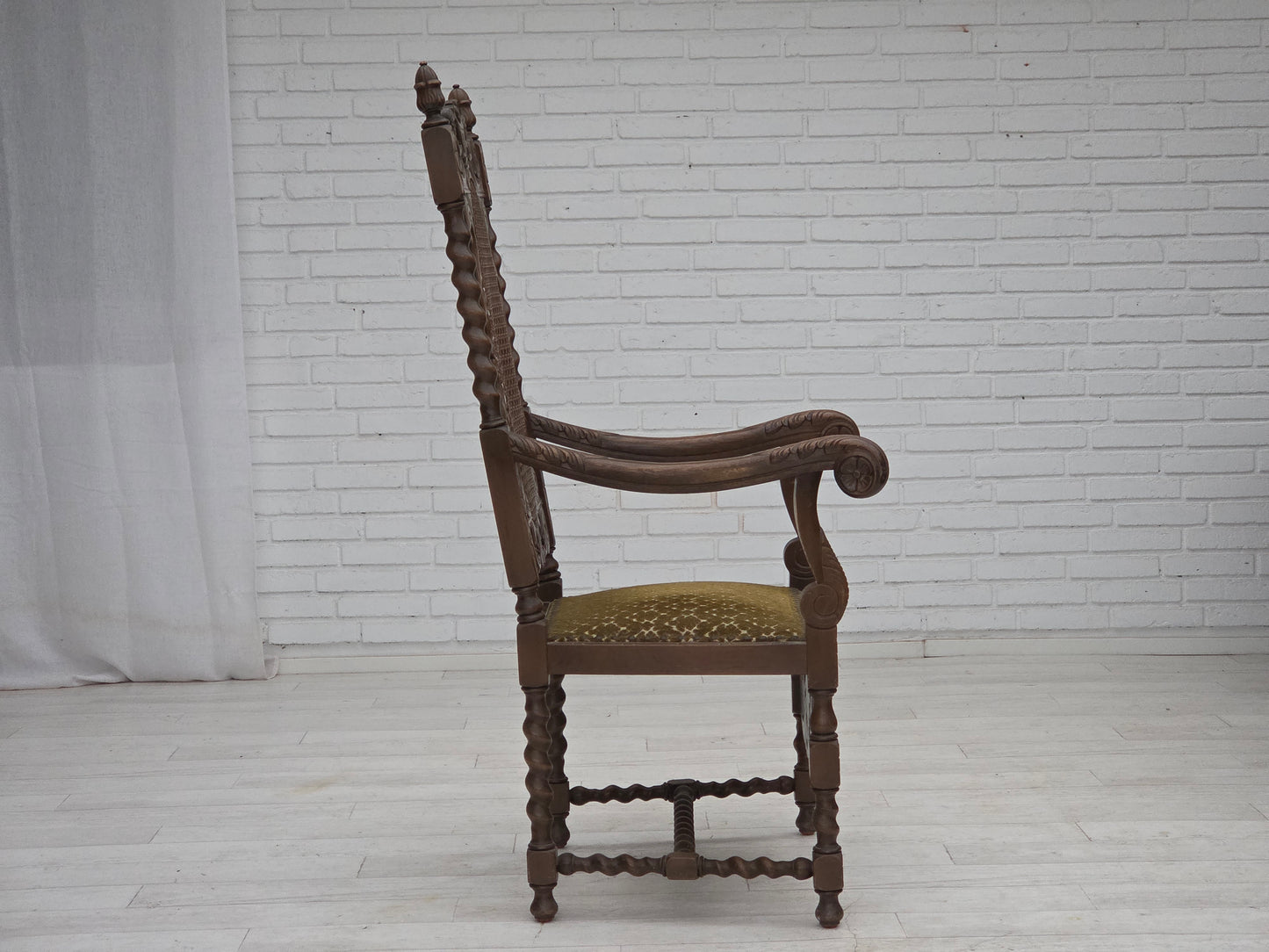 1930s, Danish highback armchair, furniture mesh, velour, hand carved oak wood.
