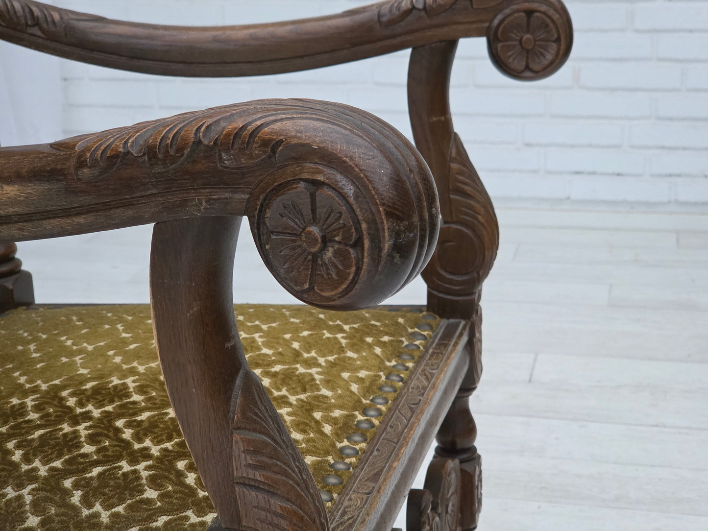 1930s, Danish highback armchair, furniture mesh, velour, hand carved oak wood.