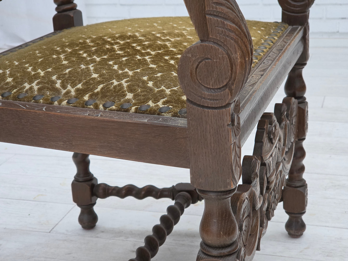 1930s, Danish highback armchair, furniture mesh, velour, hand carved oak wood.