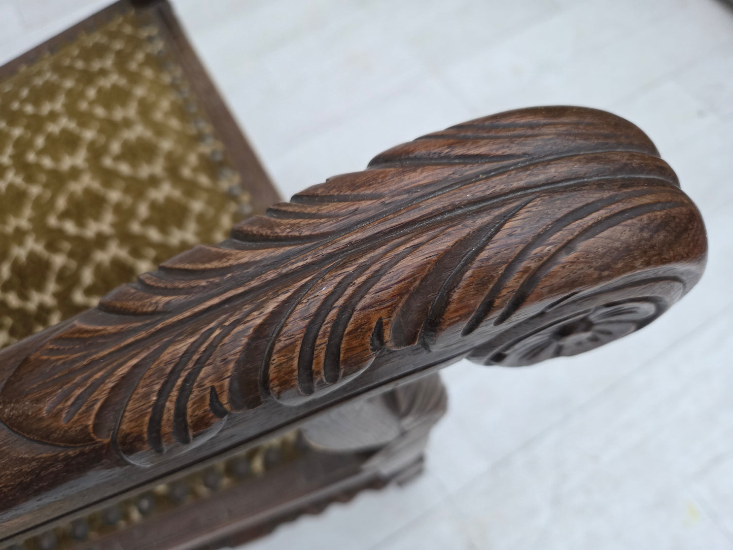 1930s, Danish highback armchair, furniture mesh, velour, hand carved oak wood.