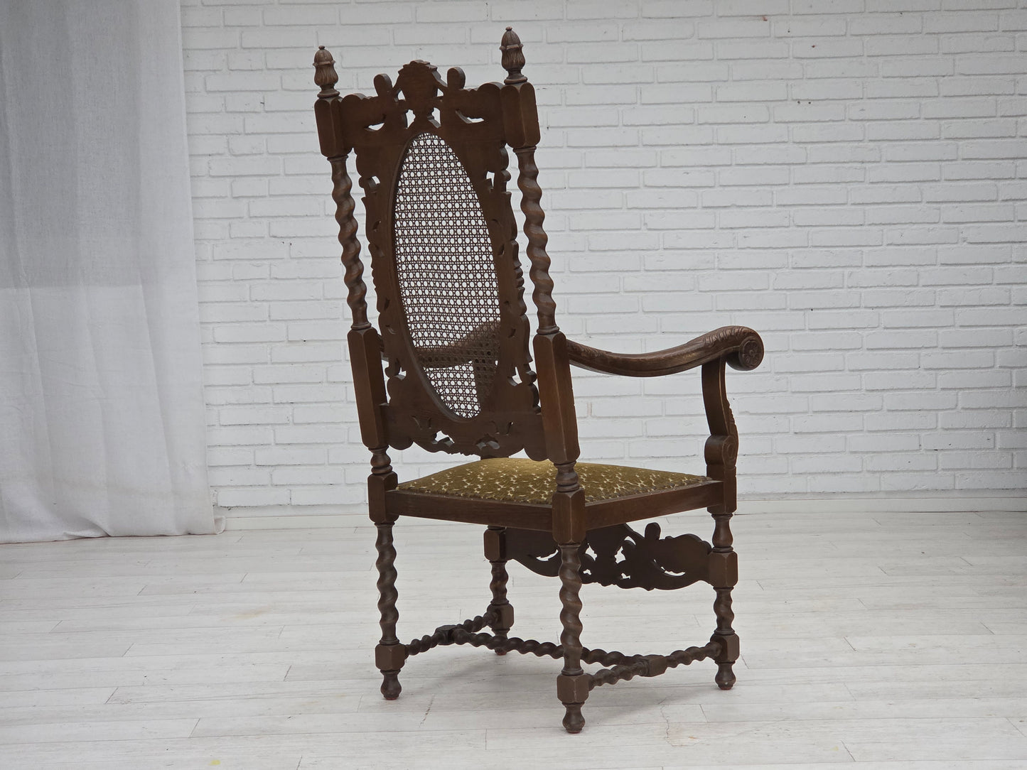 1930s, Danish highback armchair, furniture mesh, velour, hand carved oak wood.
