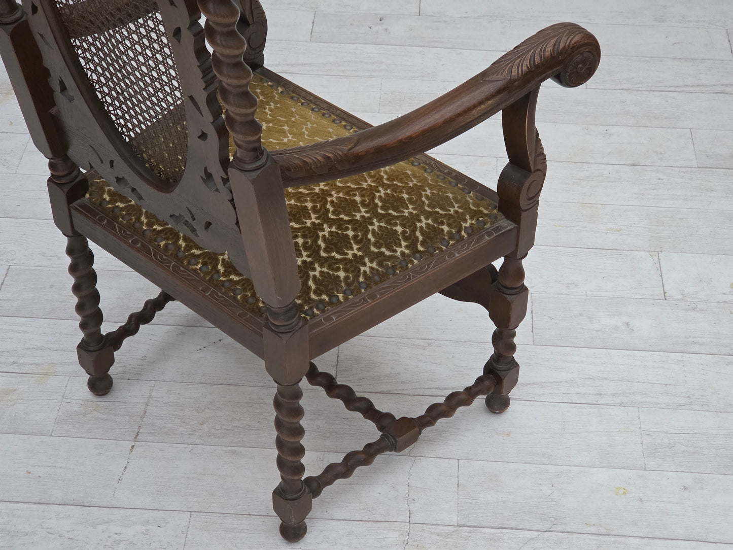 1930s, Danish highback armchair, furniture mesh, velour, hand carved oak wood.