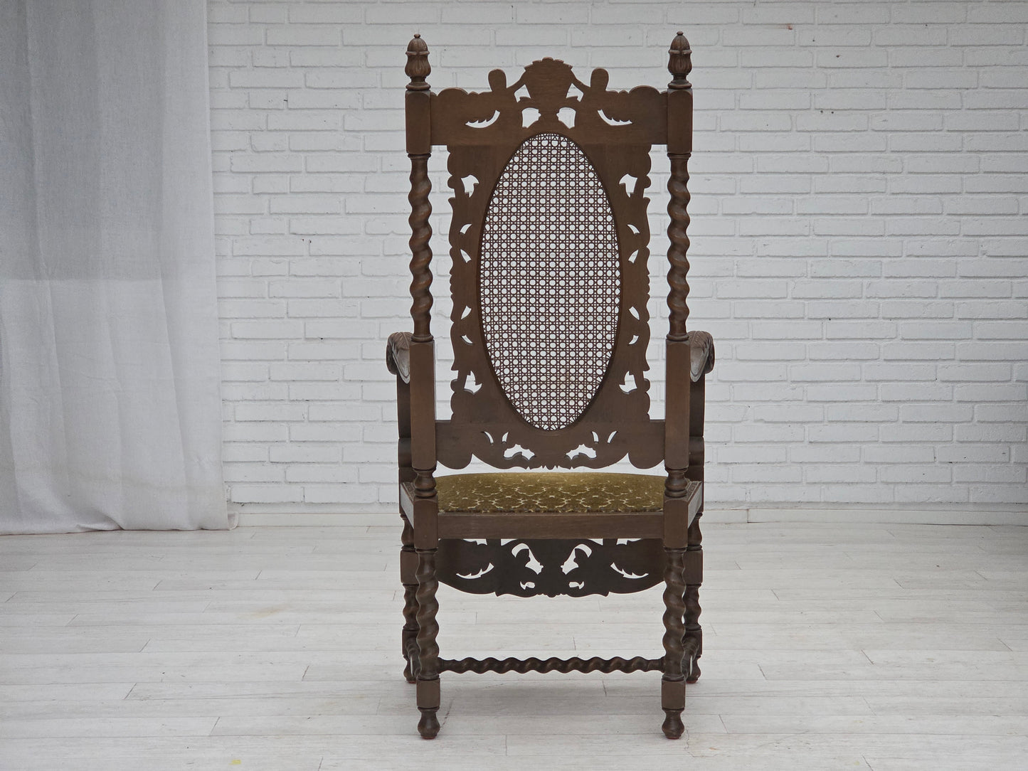 1930s, Danish highback armchair, furniture mesh, velour, hand carved oak wood.