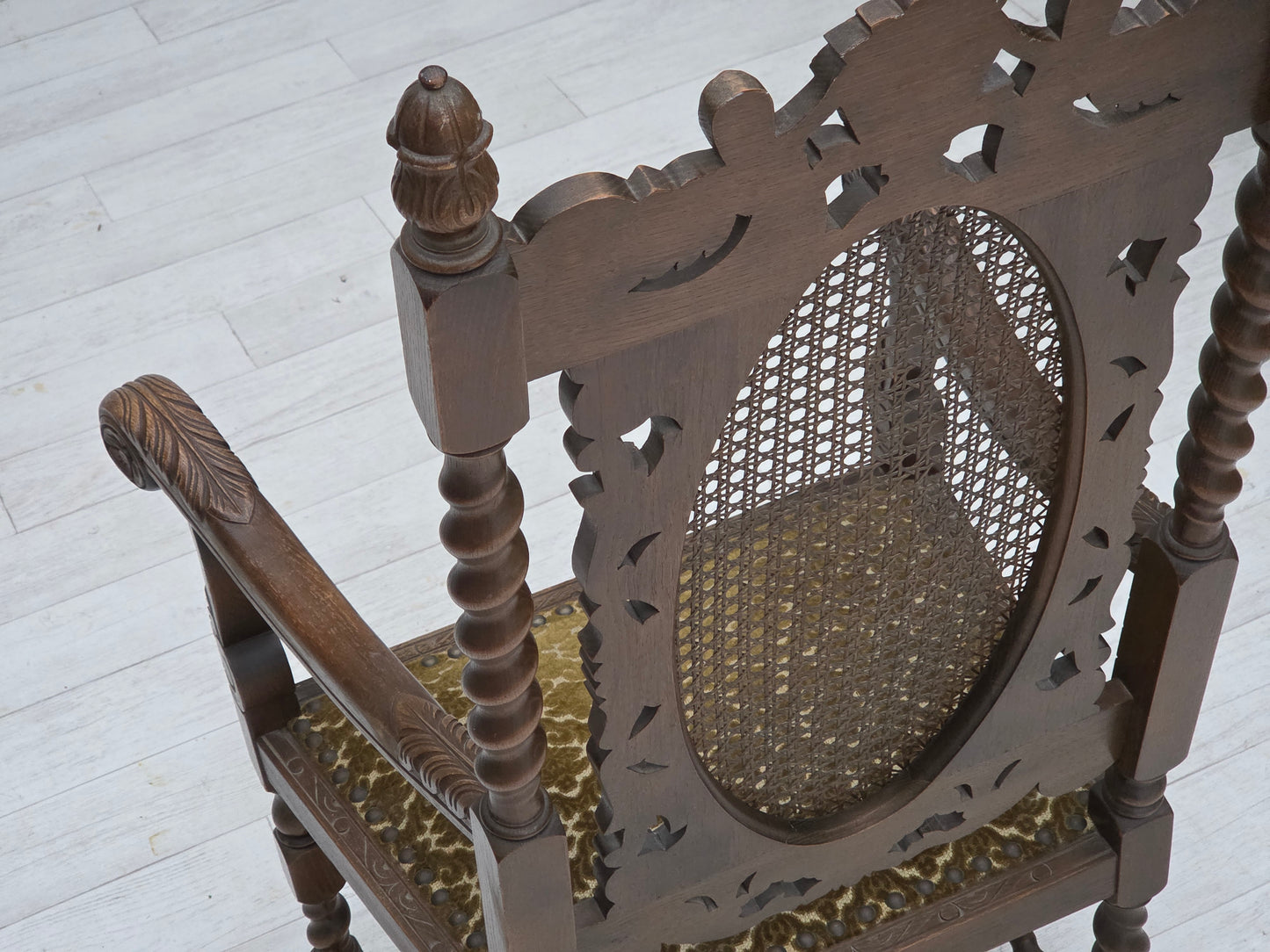 1930s, Danish highback armchair, furniture mesh, velour, hand carved oak wood.