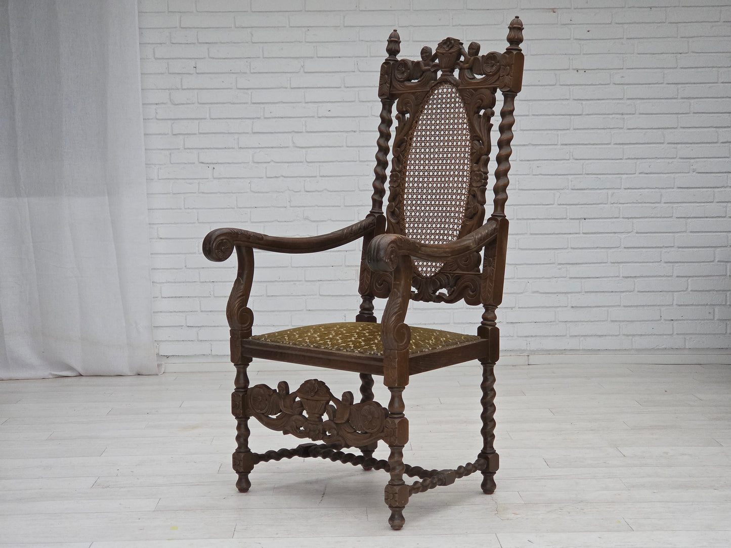 1930s, Danish highback armchair, furniture mesh, velour, hand carved oak wood.