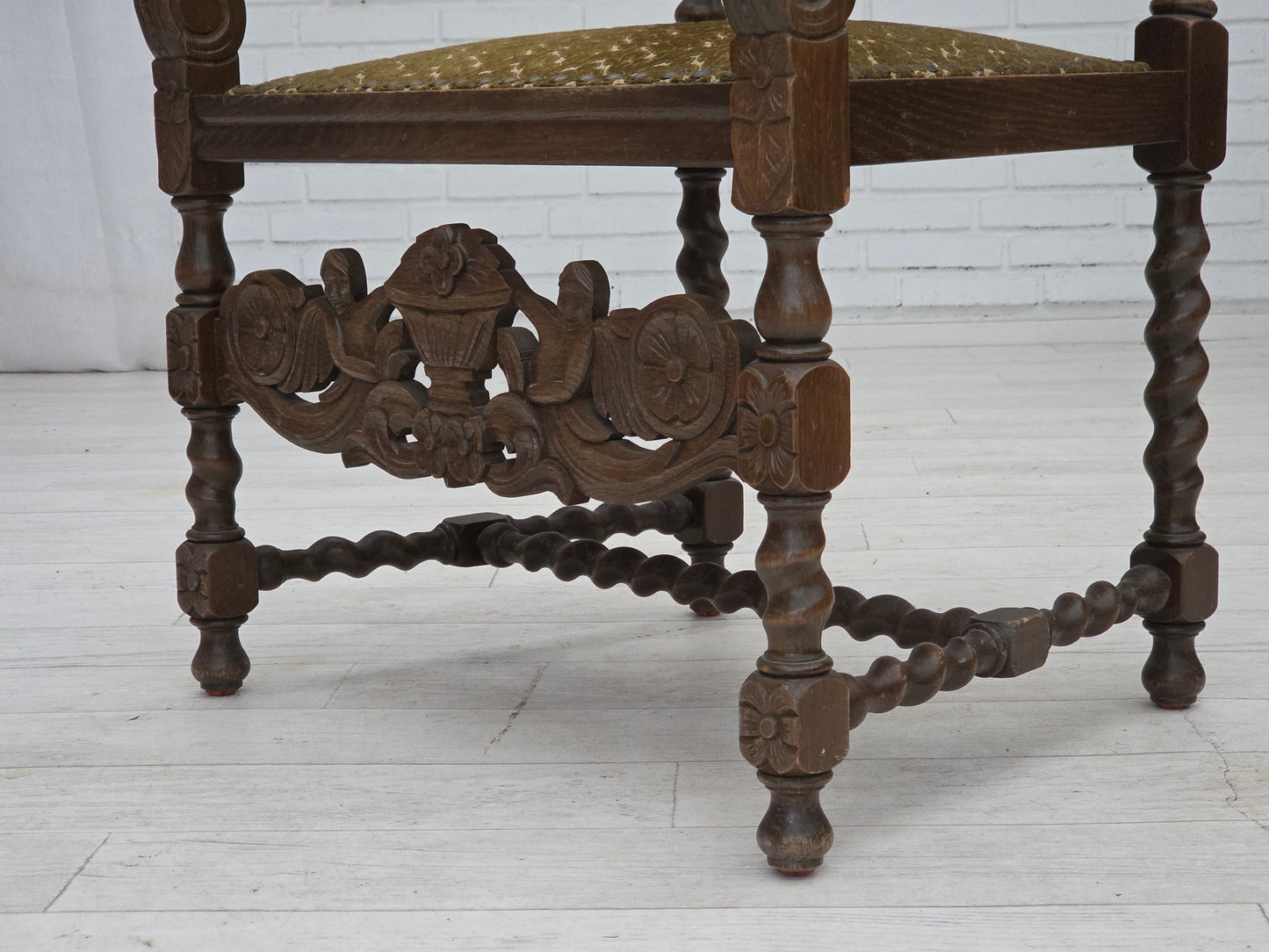 1930s, Danish highback armchair, furniture mesh, velour, hand carved oak wood.