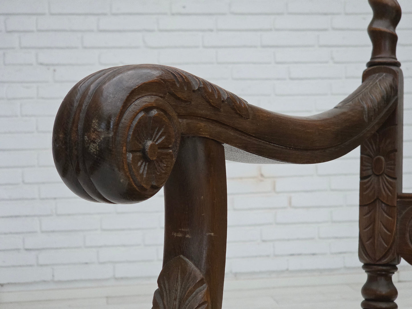 1930s, Danish highback armchair, furniture mesh, velour, hand carved oak wood.