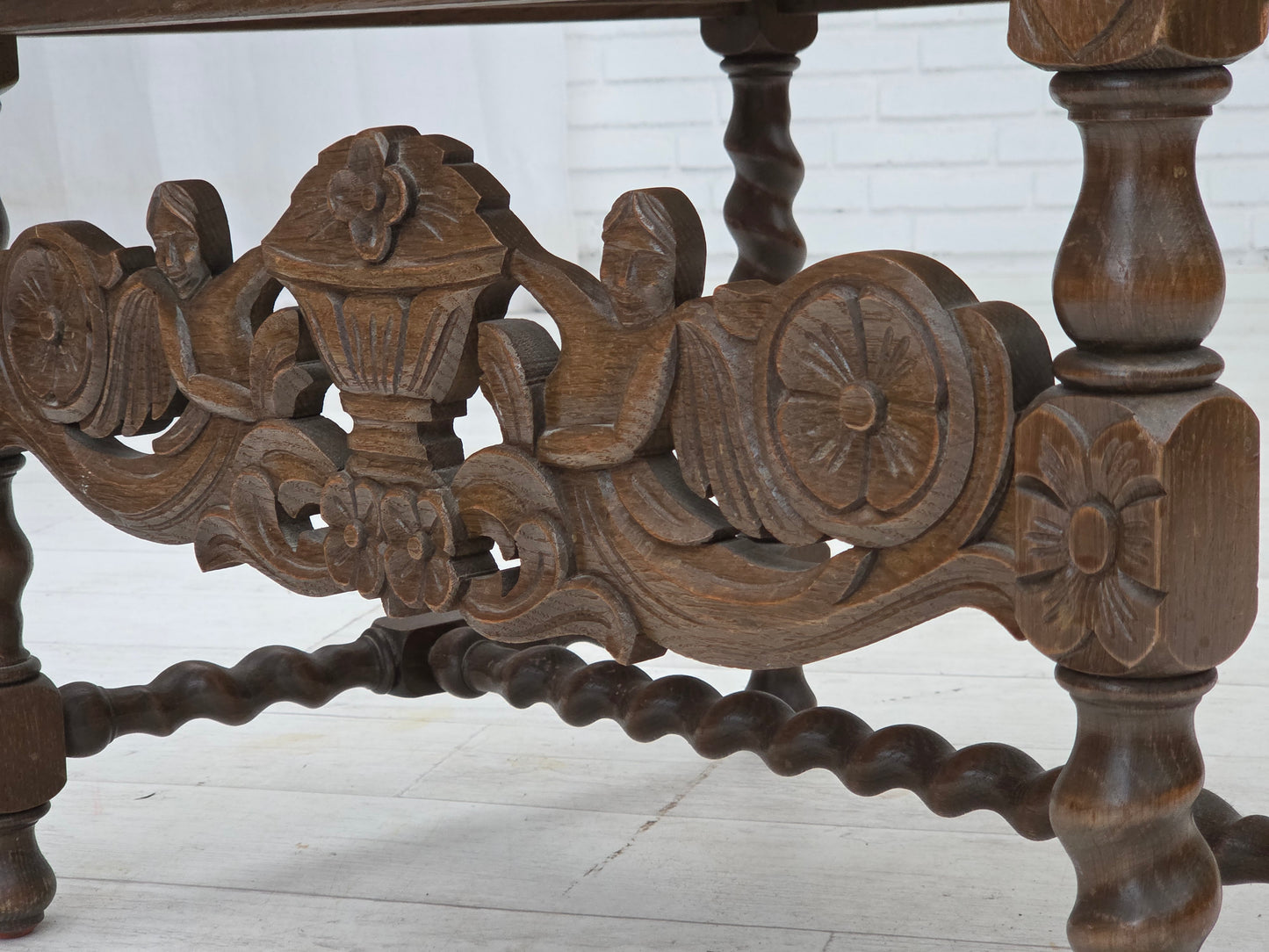 1930s, Danish highback armchair, furniture mesh, velour, hand carved oak wood.