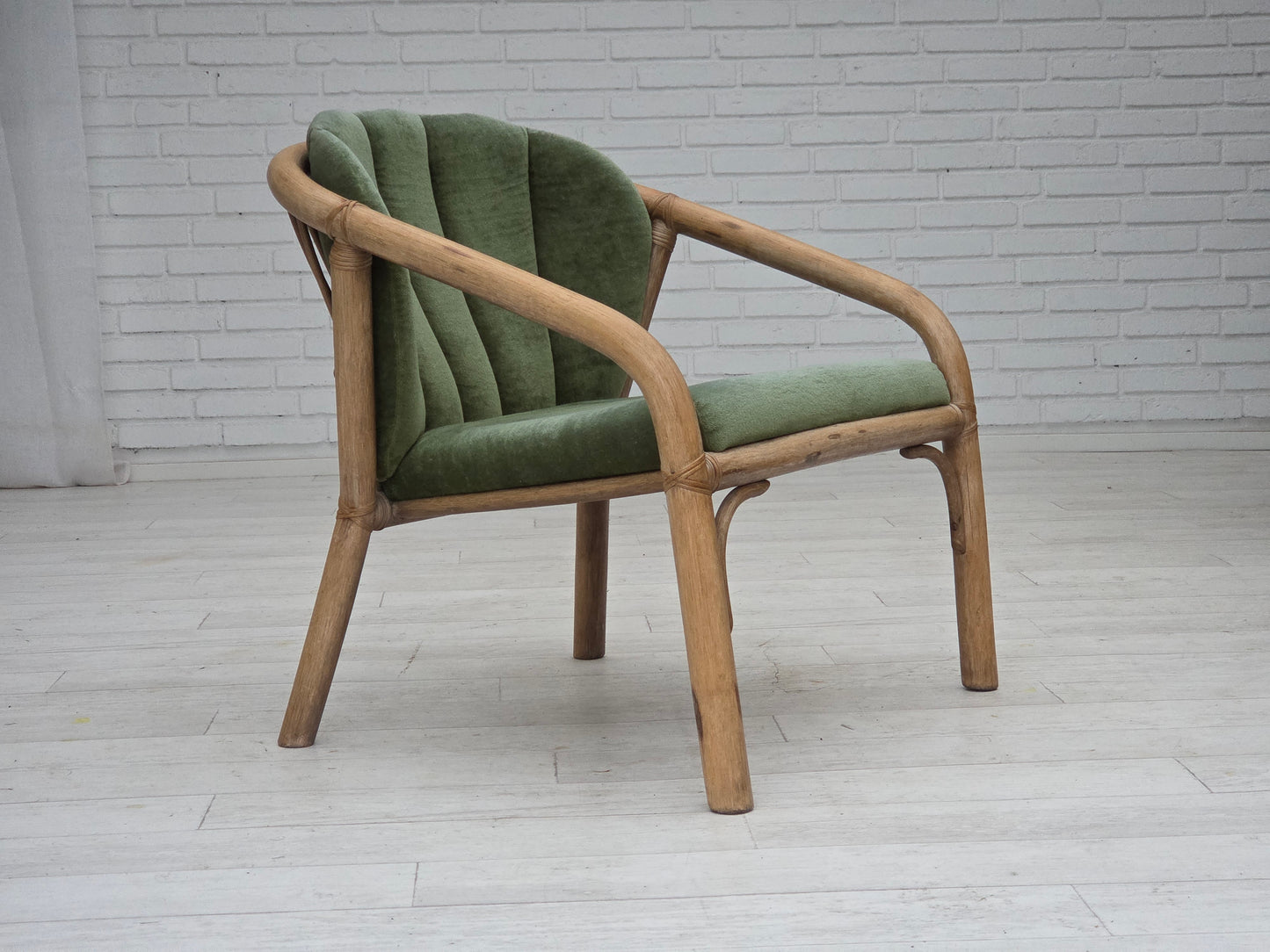 1970s, pair of Scandinavian lounge chairs, green furniture velour and rattan.