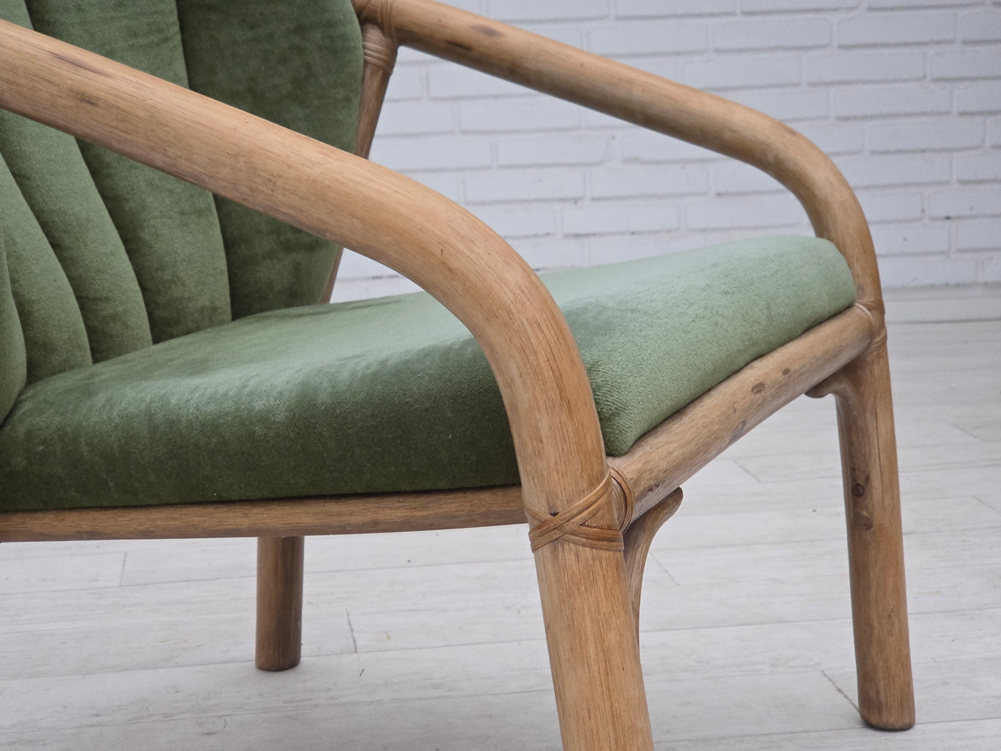 1970s, pair of Scandinavian lounge chairs, green furniture velour and rattan.