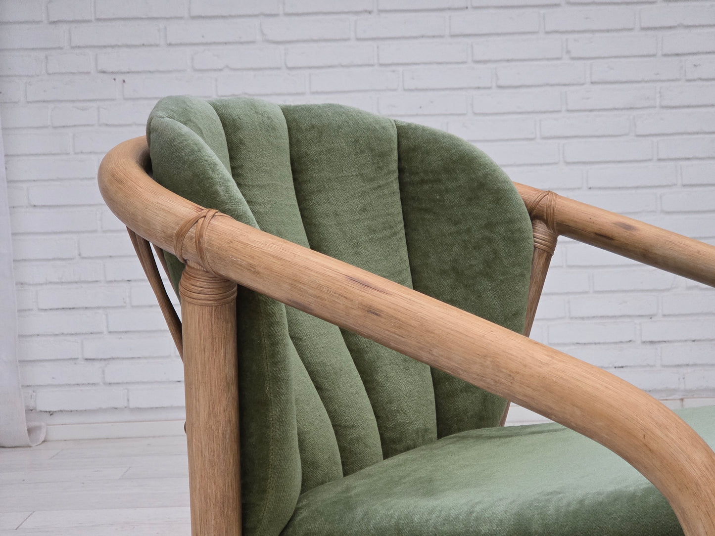 1970s, pair of Scandinavian lounge chairs, green furniture velour and rattan.