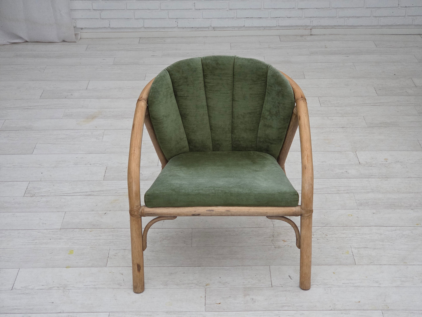 1970s, pair of Scandinavian lounge chairs, green furniture velour and rattan.