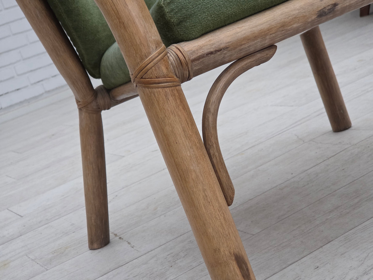 1970s, pair of Scandinavian lounge chairs, green furniture velour and rattan.