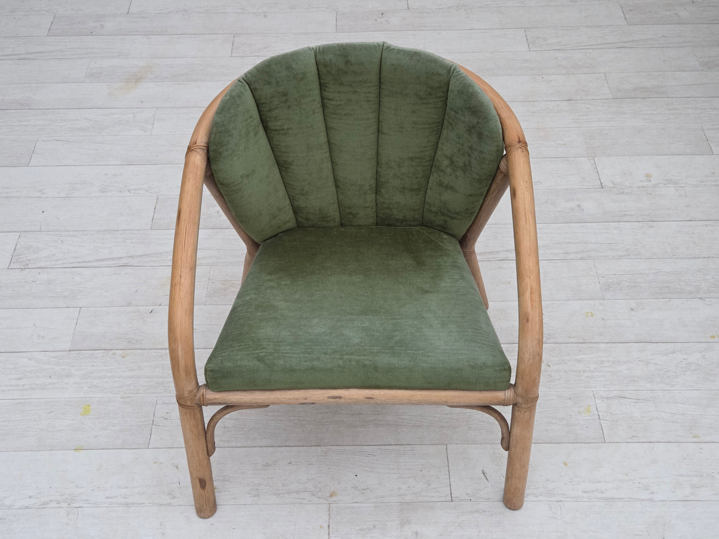 1970s, pair of Scandinavian lounge chairs, green furniture velour and rattan.