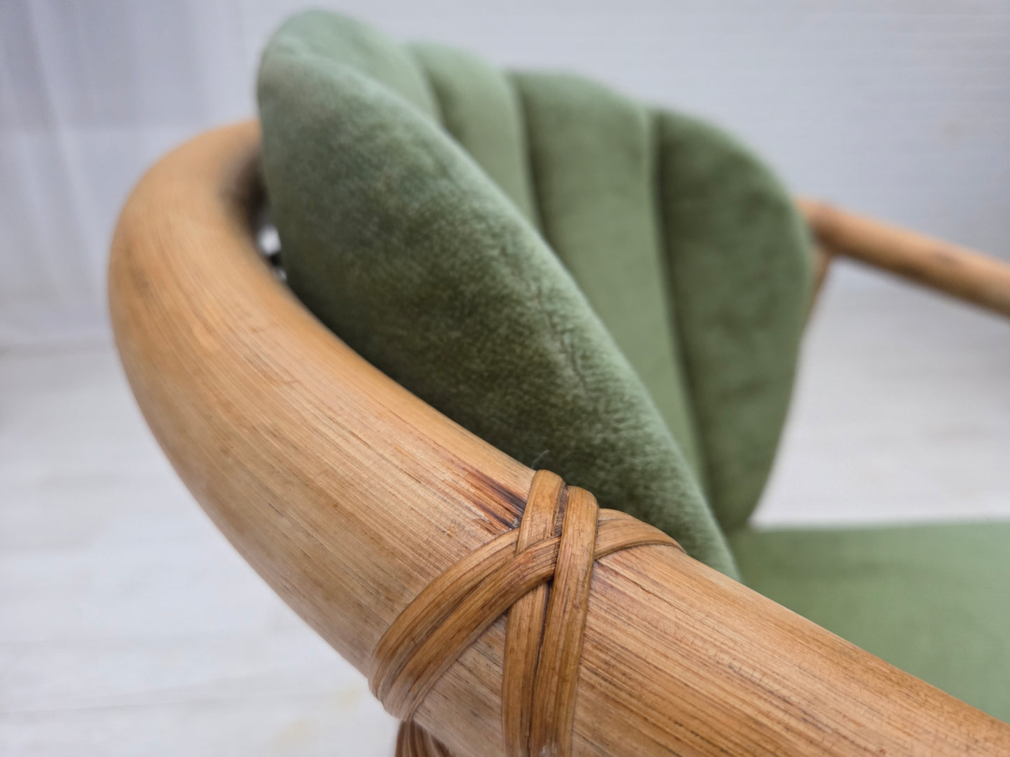 1970s, pair of Scandinavian lounge chairs, green furniture velour and rattan.