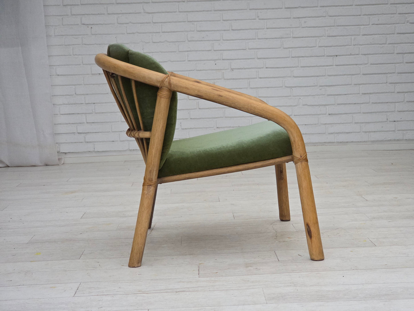 1970s, pair of Scandinavian lounge chairs, green furniture velour and rattan.