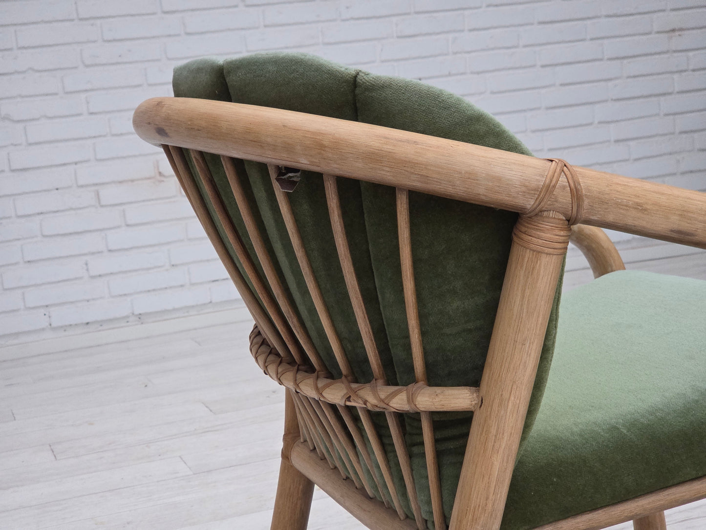 1970s, pair of Scandinavian lounge chairs, green furniture velour and rattan.