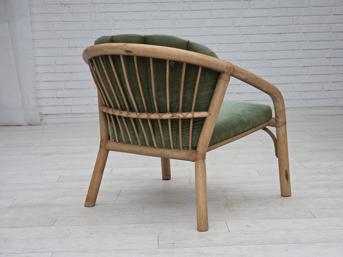 1970s, pair of Scandinavian lounge chairs, green furniture velour and rattan.
