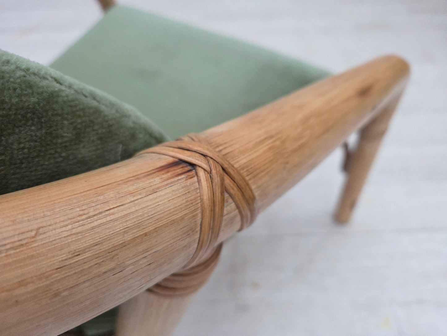 1970s, pair of Scandinavian lounge chairs, green furniture velour and rattan.