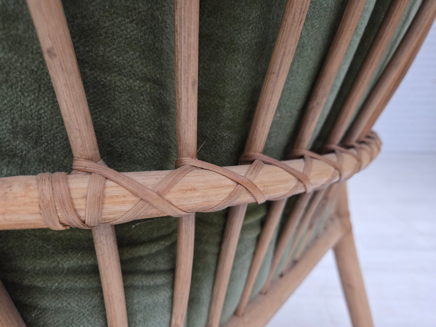 1970s, pair of Scandinavian lounge chairs, green furniture velour and rattan.