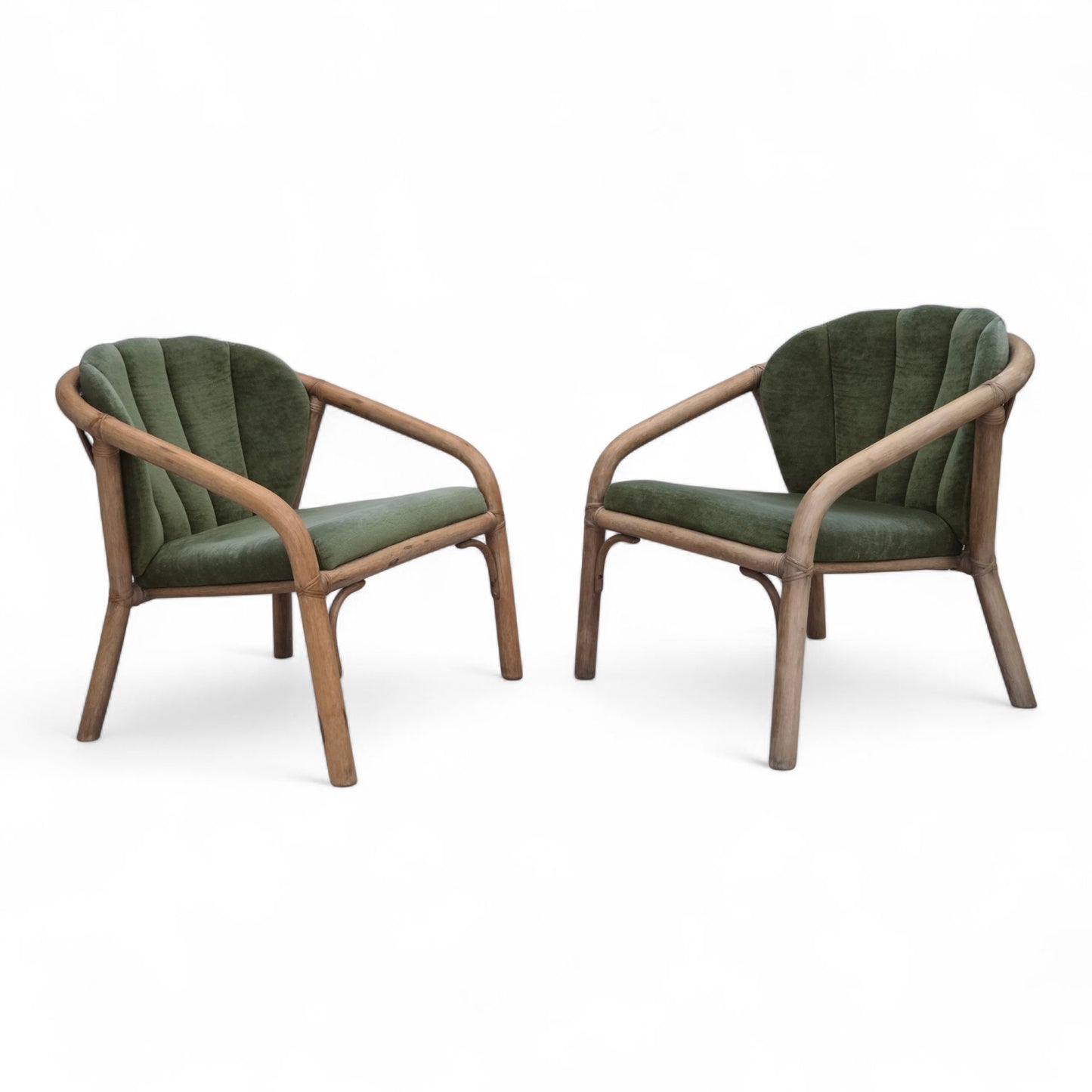 1970s, pair of Scandinavian lounge chairs, green furniture velour and rattan.