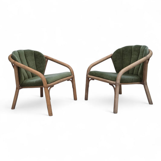 1970s, pair of Scandinavian lounge chairs, green furniture velour and rattan.