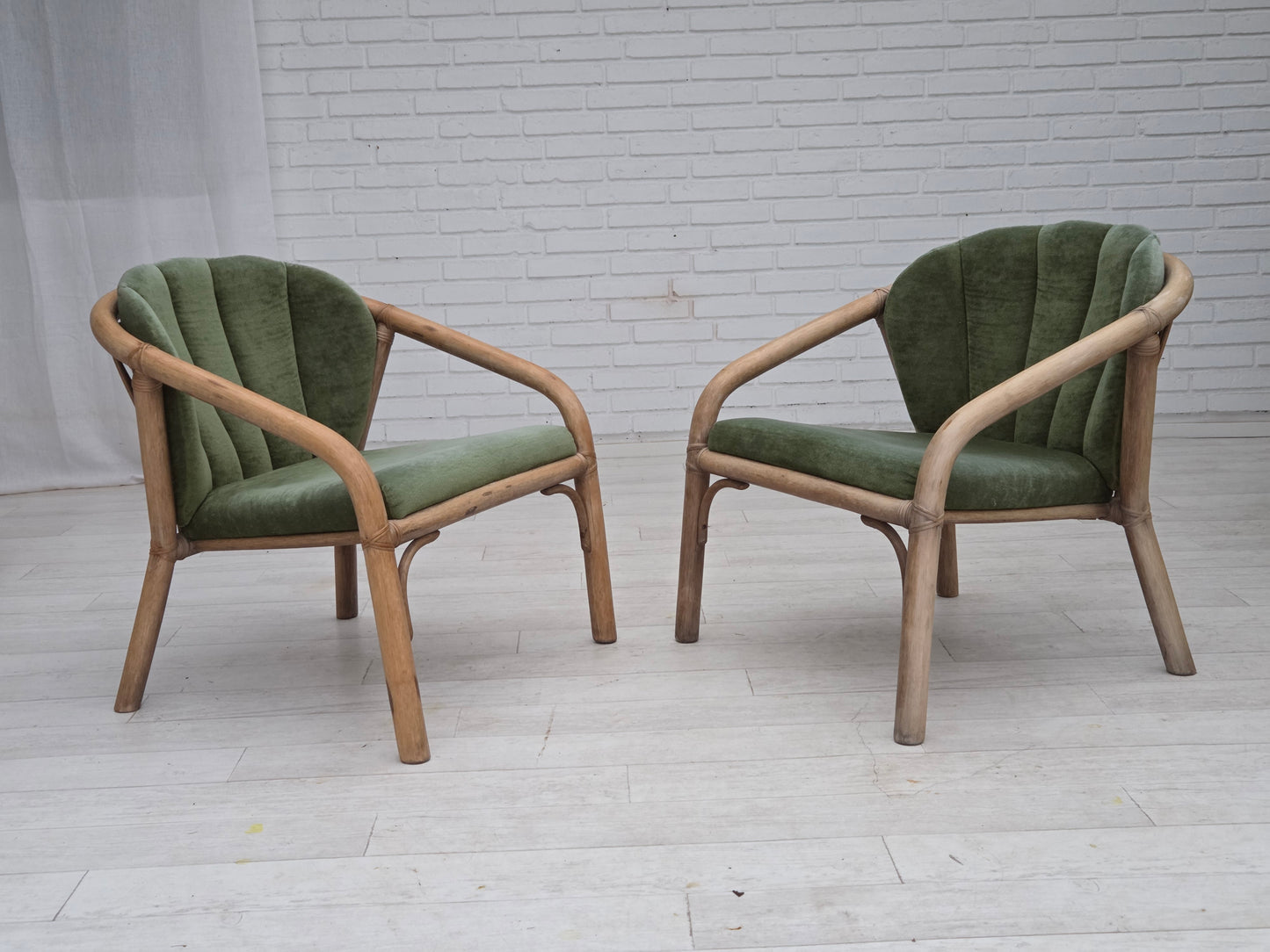 1970s, pair of Scandinavian lounge chairs, green furniture velour and rattan.