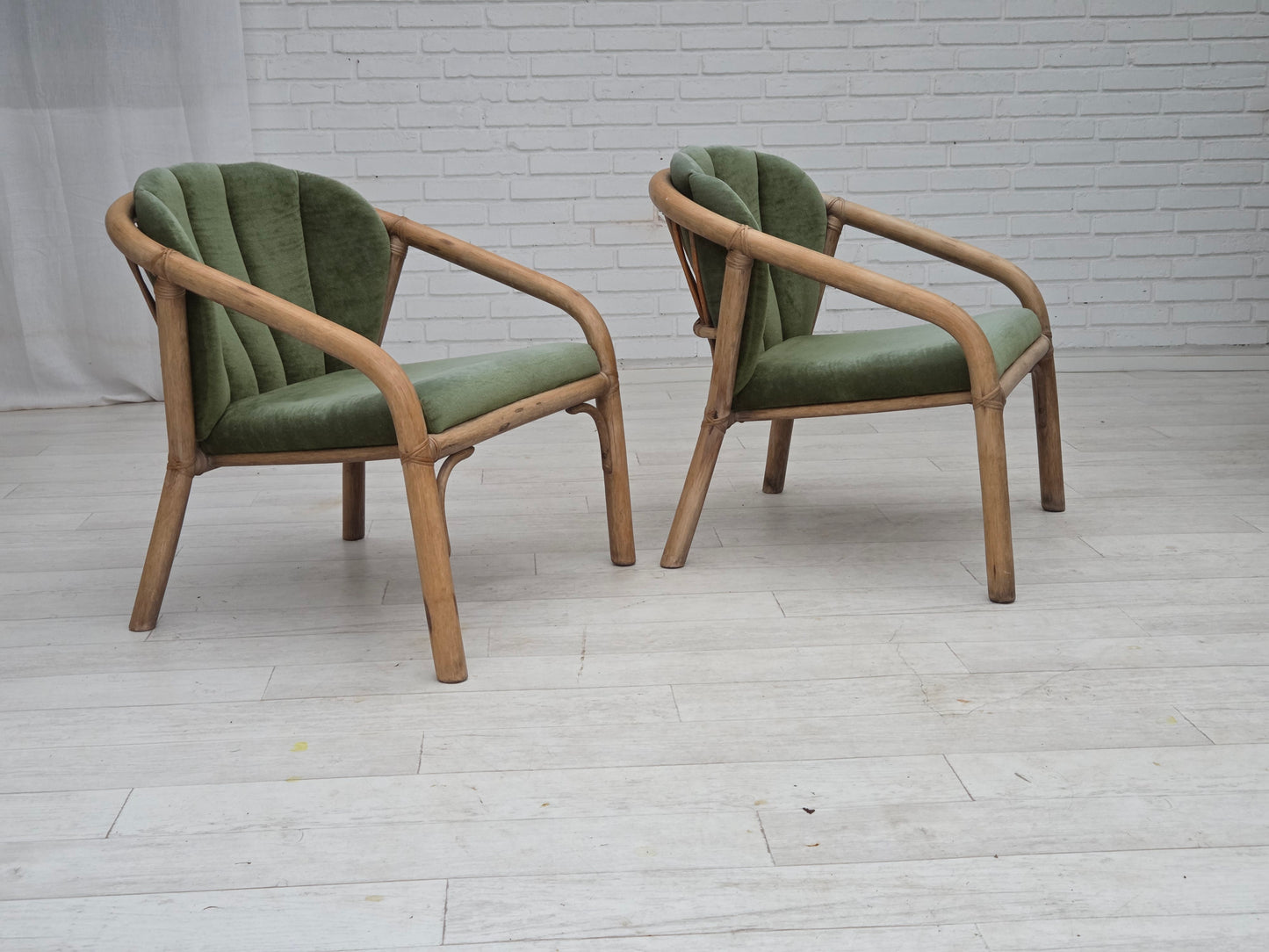 1970s, pair of Scandinavian lounge chairs, green furniture velour and rattan.