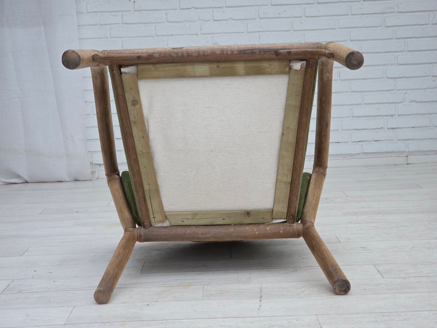 1970s, pair of Scandinavian lounge chairs, green furniture velour and rattan.