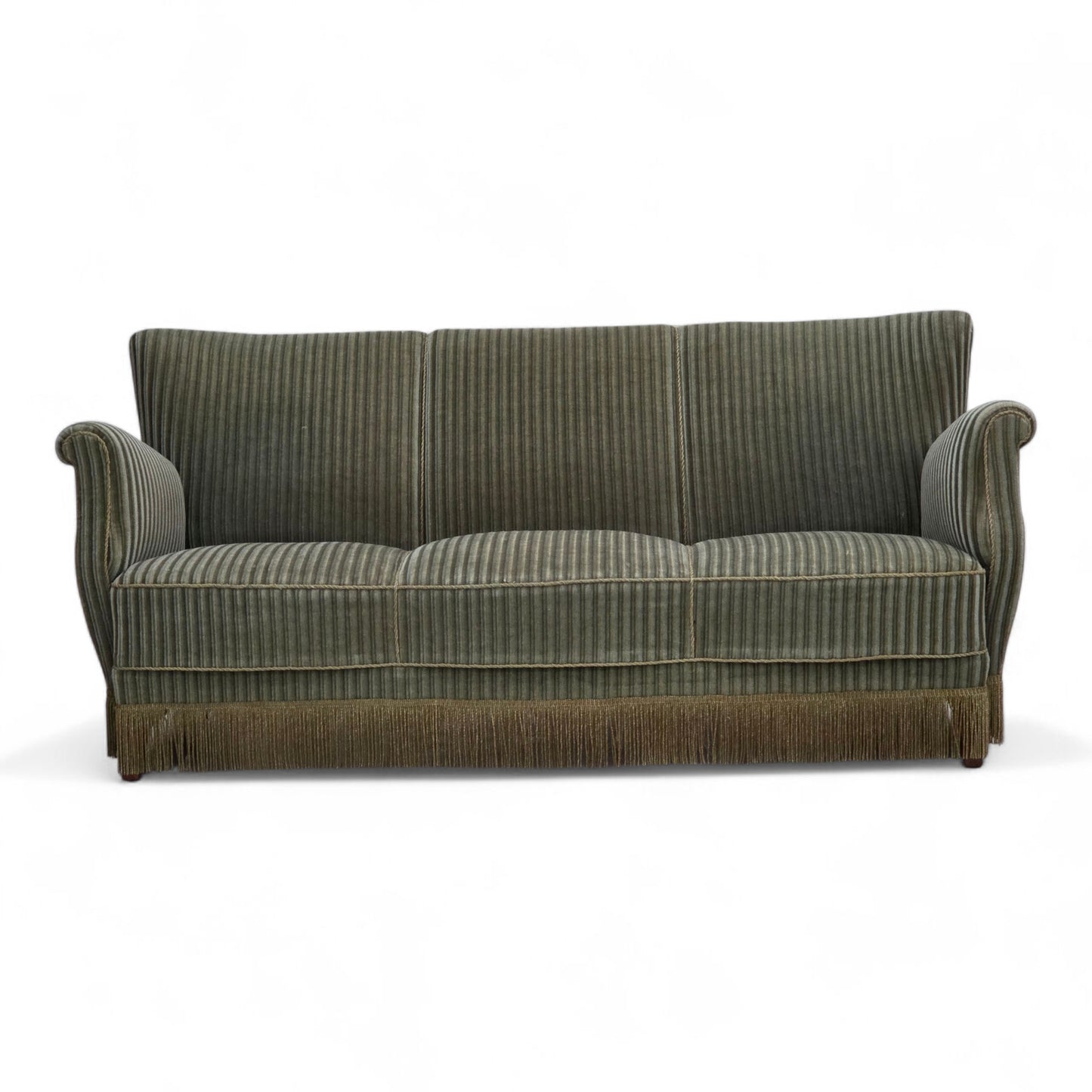 1960s, Danish 3-seater sofa, original green furniture velour, oak wood.