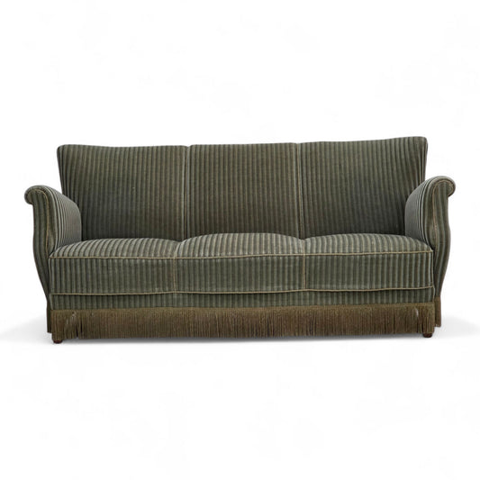 1960s, Danish 3-seater sofa, original green furniture velour, oak wood.