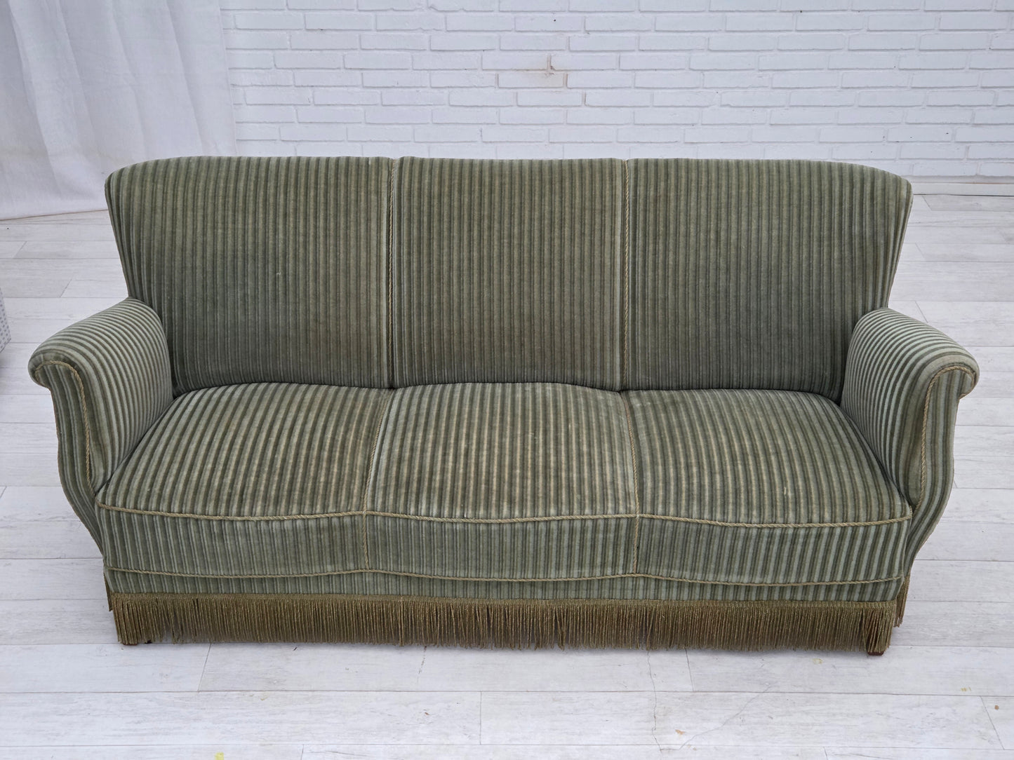 1960s, Danish 3-seater sofa, original green furniture velour, oak wood.
