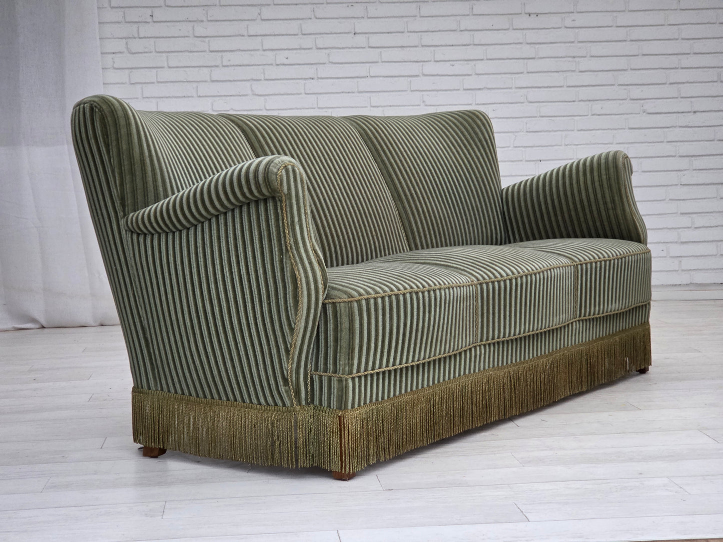 1960s, Danish 3-seater sofa, original green furniture velour, oak wood.
