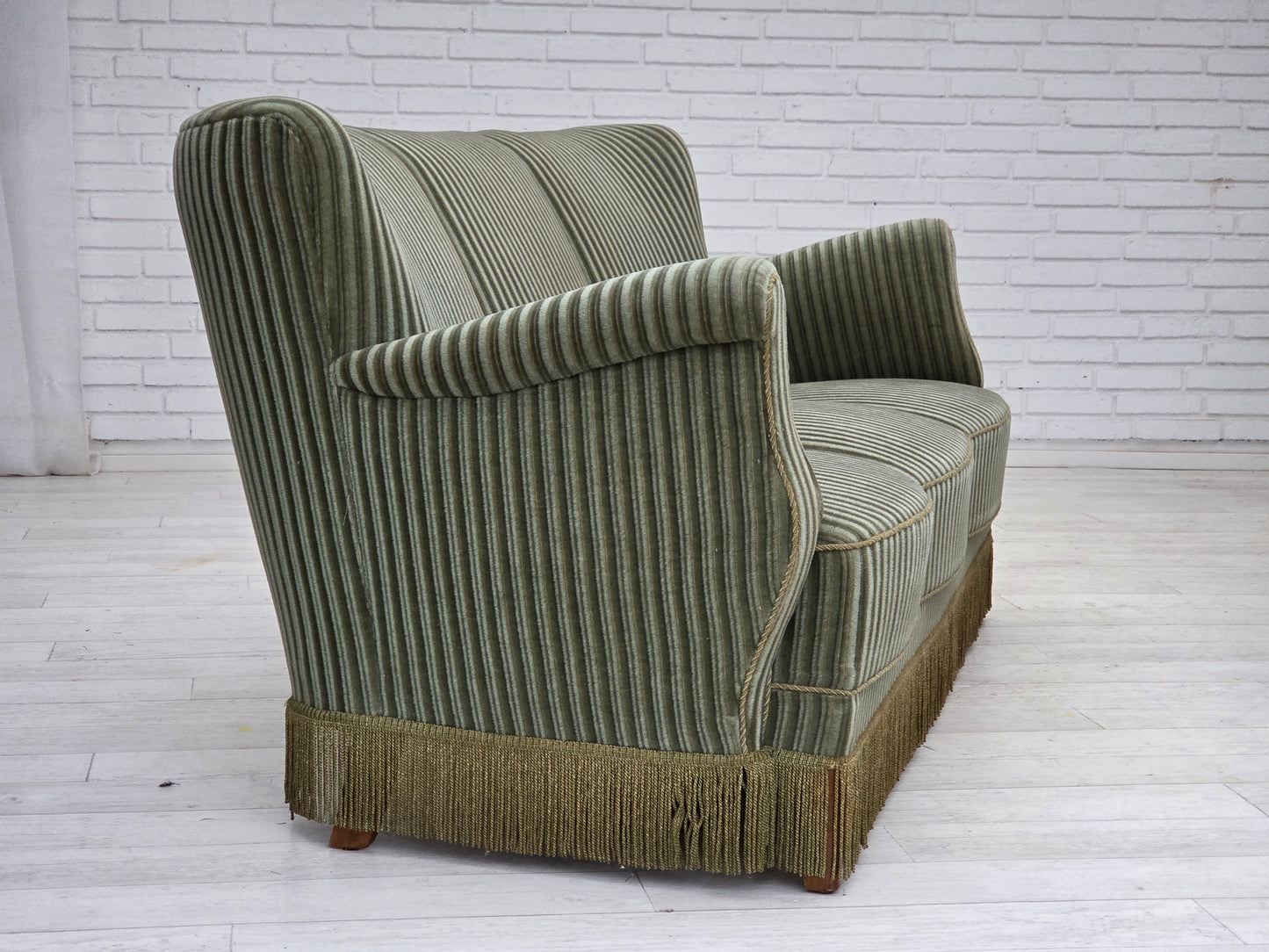 1960s, Danish 3-seater sofa, original green furniture velour, oak wood.