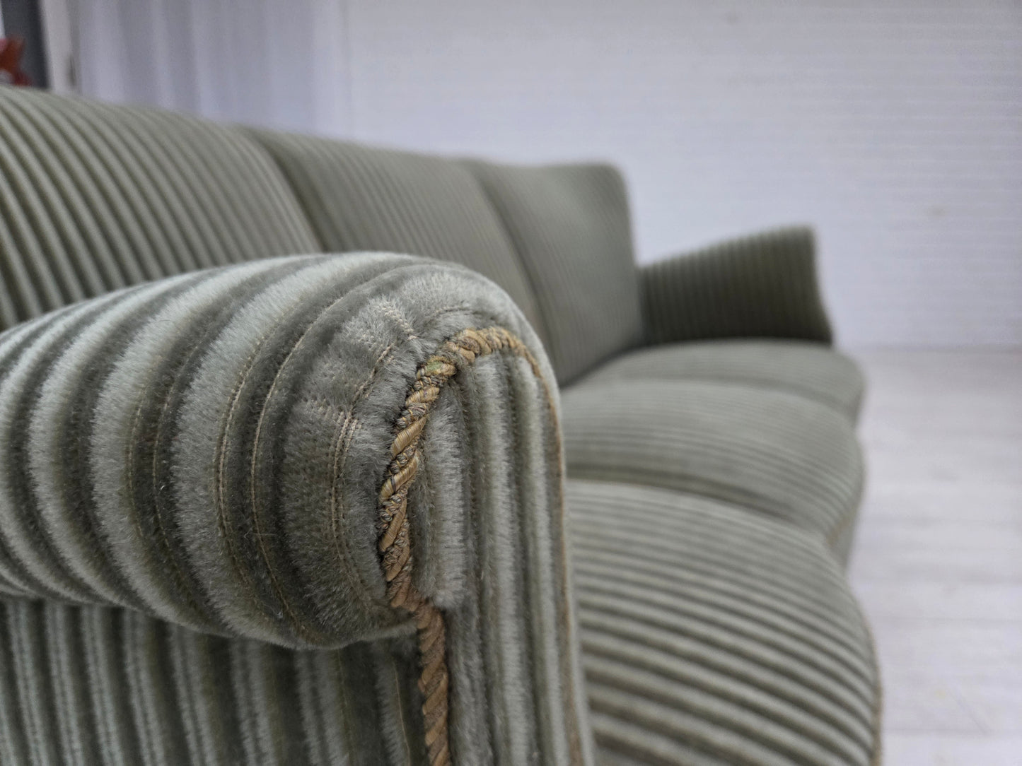 1960s, Danish 3-seater sofa, original green furniture velour, oak wood.