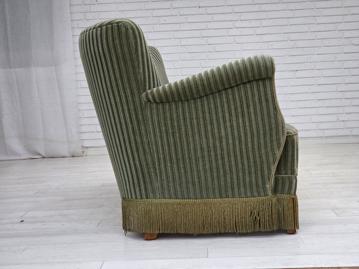1960s, Danish 3-seater sofa, original green furniture velour, oak wood.