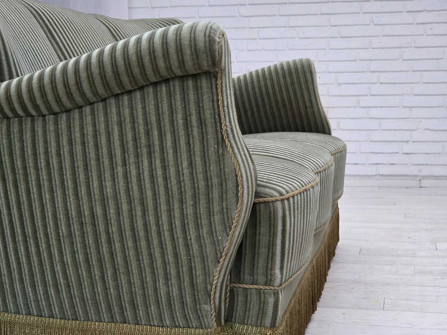 1960s, Danish 3-seater sofa, original green furniture velour, oak wood.