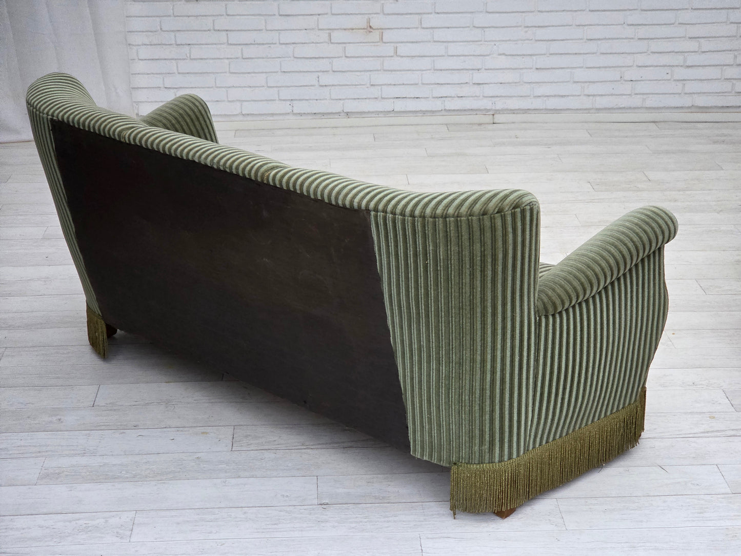 1960s, Danish 3-seater sofa, original green furniture velour, oak wood.