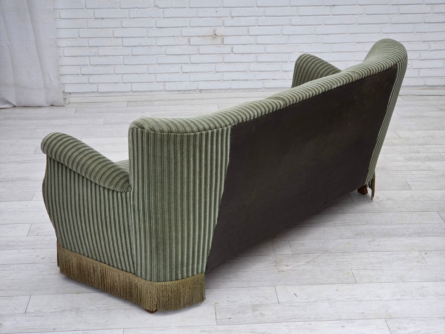 1960s, Danish 3-seater sofa, original green furniture velour, oak wood.