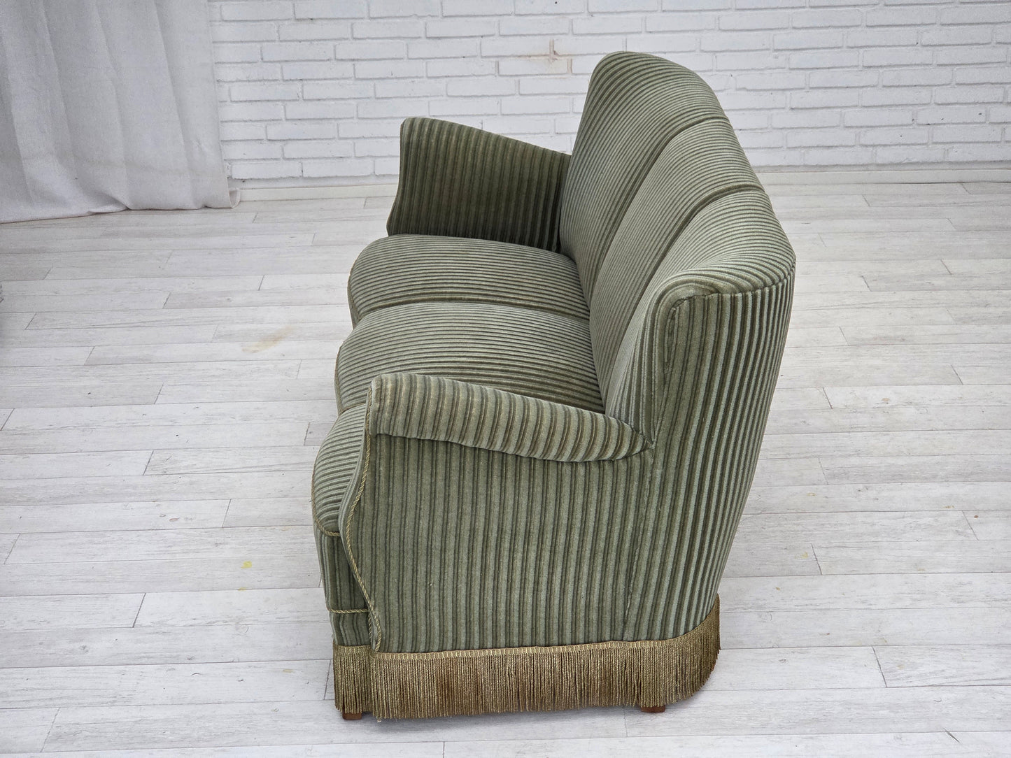 1960s, Danish 3-seater sofa, original green furniture velour, oak wood.