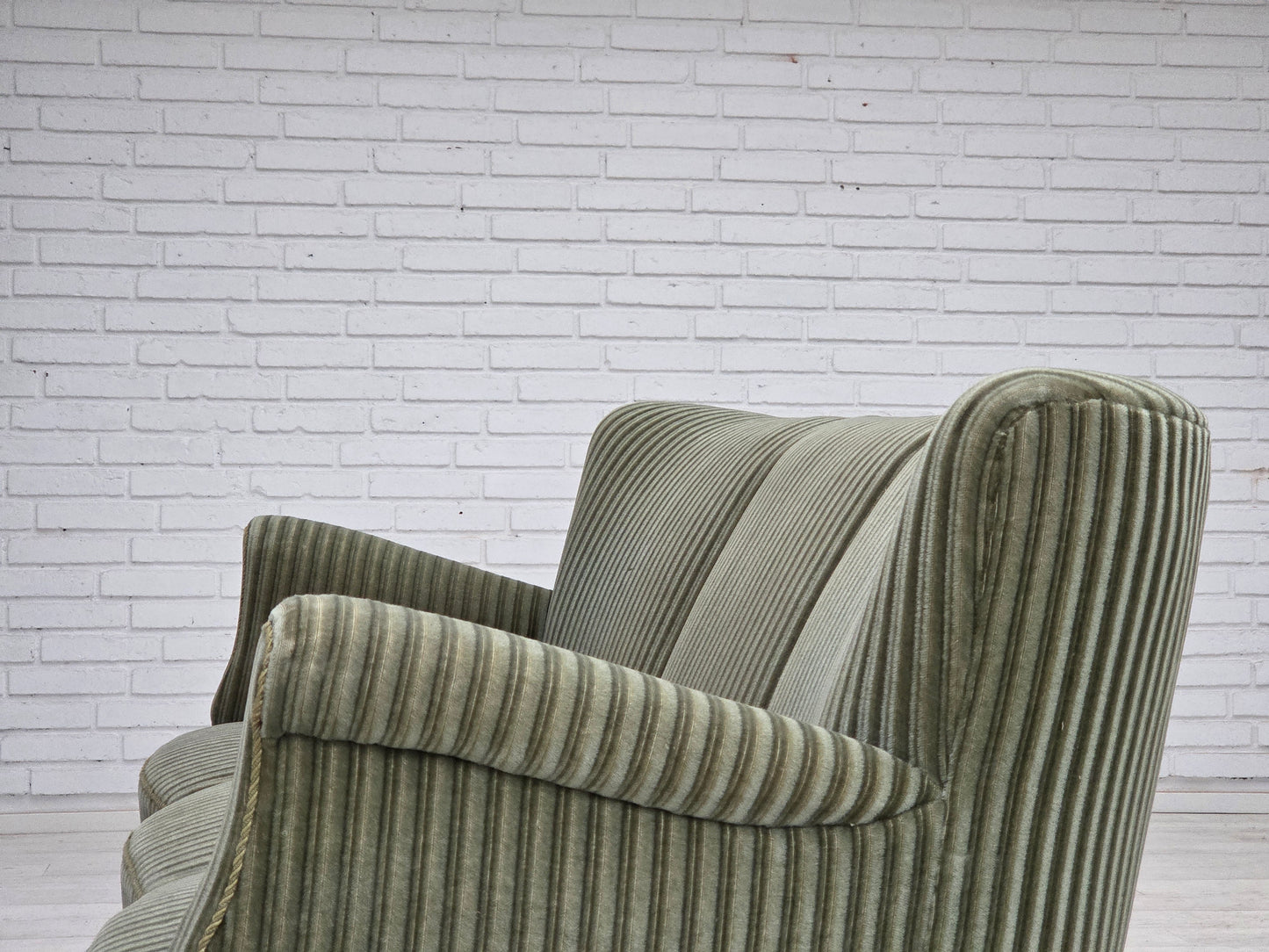 1960s, Danish 3-seater sofa, original green furniture velour, oak wood.