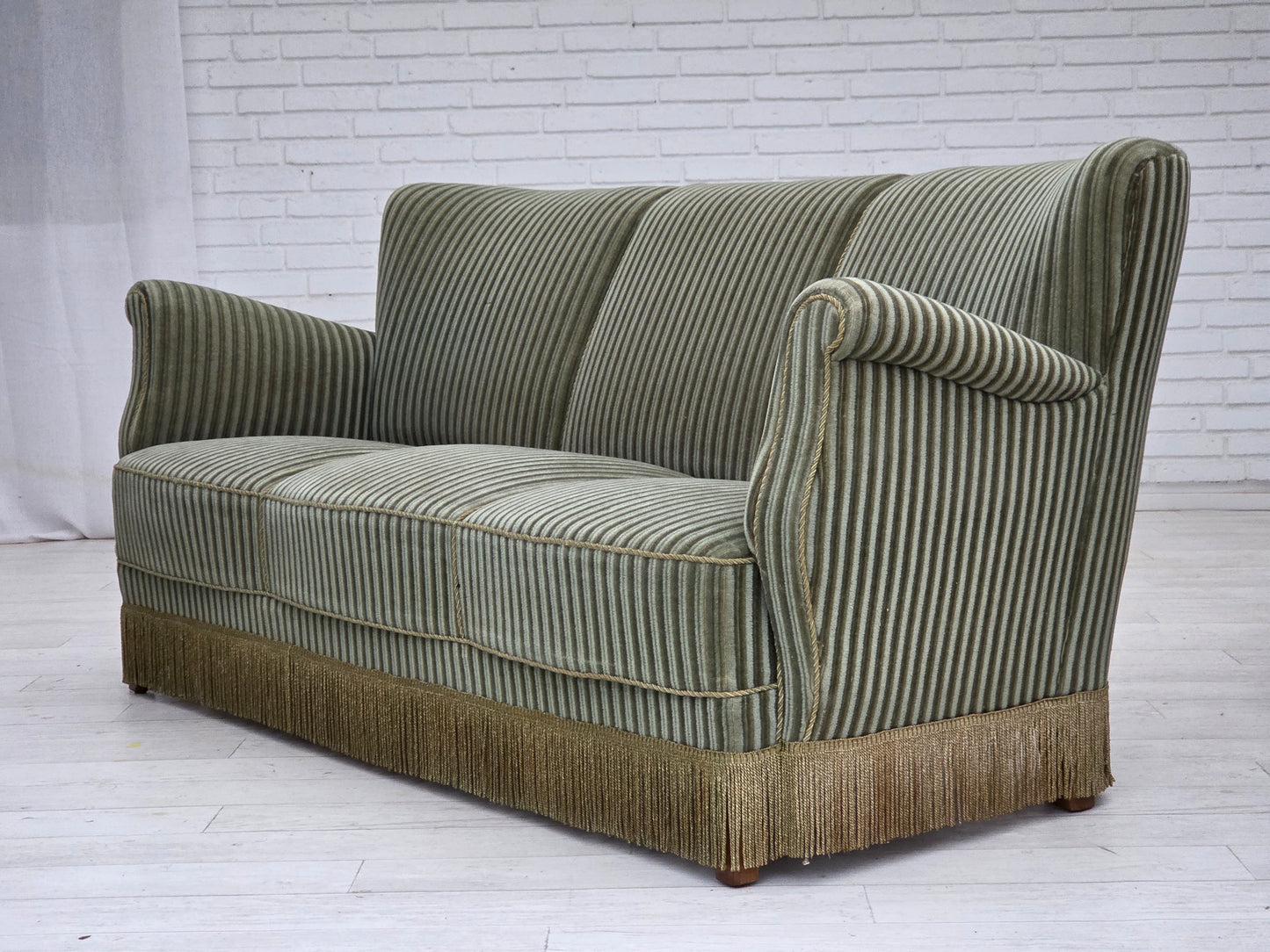1960s, Danish 3-seater sofa, original green furniture velour, oak wood.