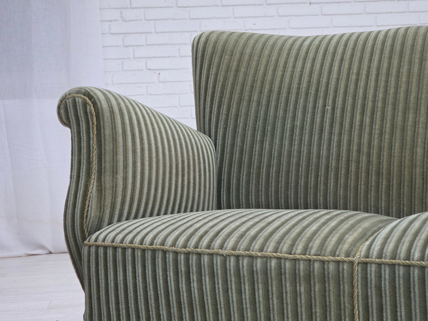 1960s, Danish 3-seater sofa, original green furniture velour, oak wood.