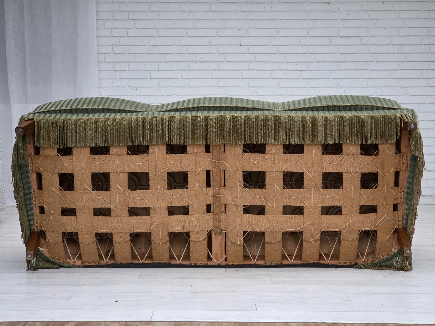 1960s, Danish 3-seater sofa, original green furniture velour, oak wood.