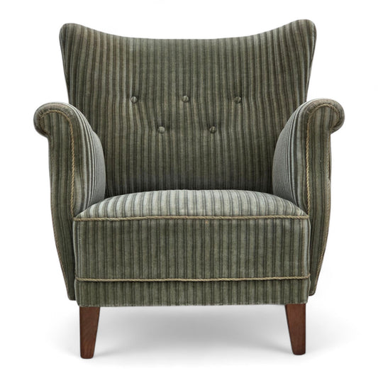 1960s, Danish armchair, green furniture velour, oak wood legs.