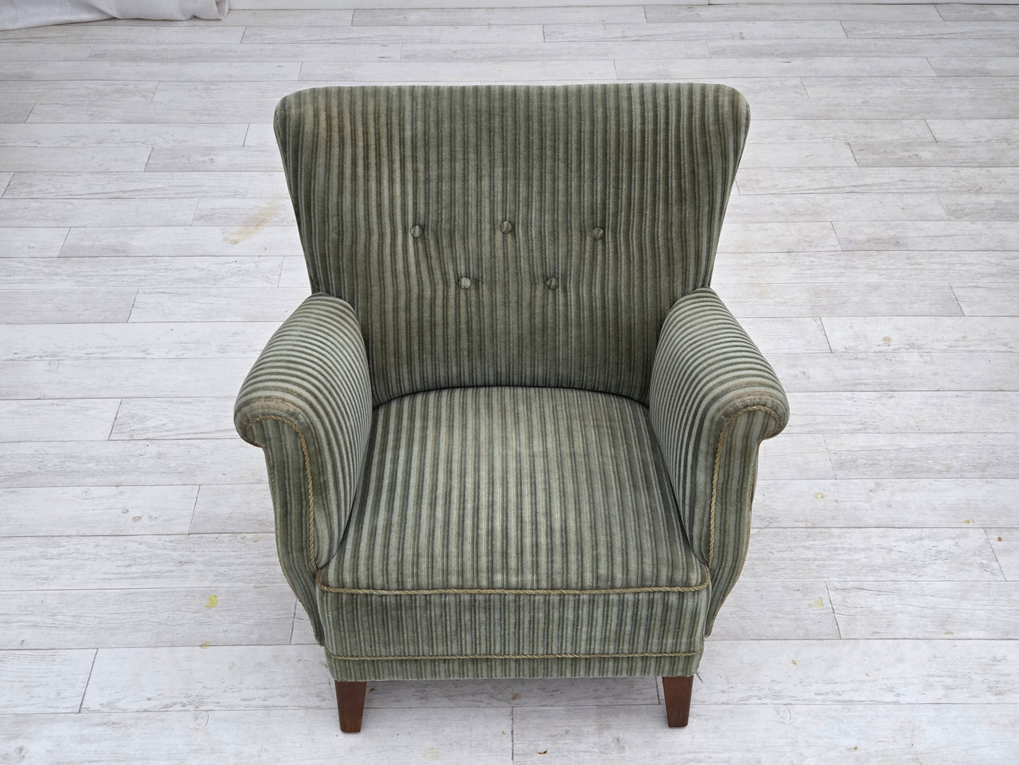 1960s, Danish armchair, green furniture velour, oak wood legs.