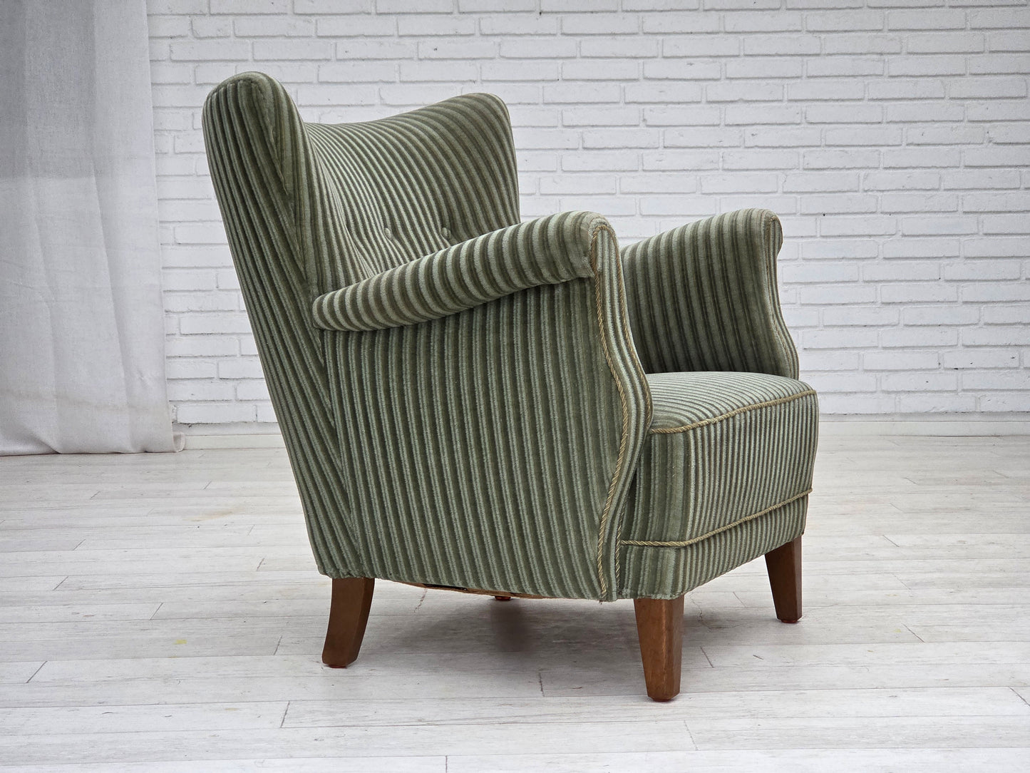 1960s, Danish armchair, green furniture velour, oak wood legs.