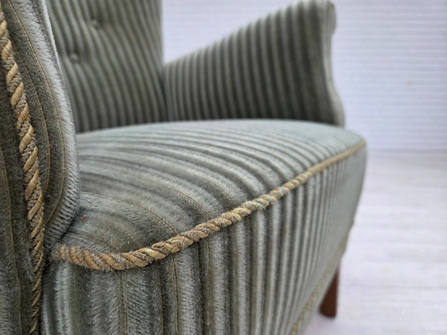 1960s, Danish armchair, green furniture velour, oak wood legs.