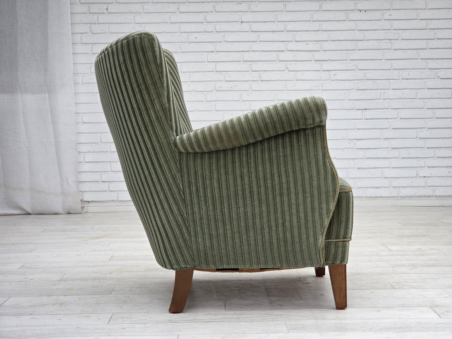 1960s, Danish armchair, green furniture velour, oak wood legs.
