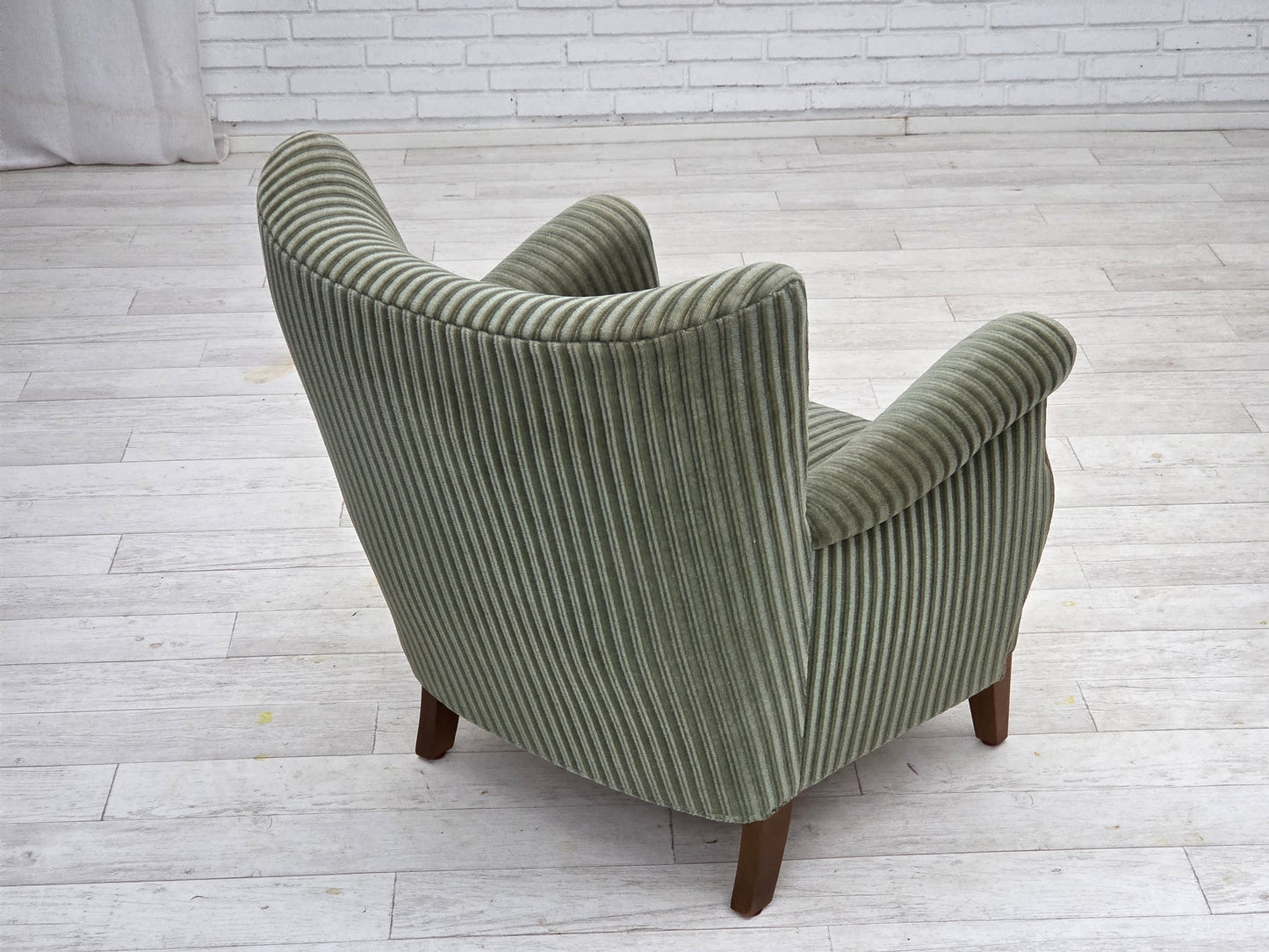 1960s, Danish armchair, green furniture velour, oak wood legs.